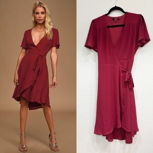 NWOT Lulus Rise to the Occasion Burgundy Midi Wrap Dress